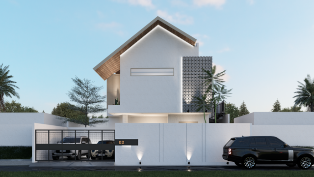 Fasad rumah tinggal modern tropis dengan atap miring dan kisi kayu